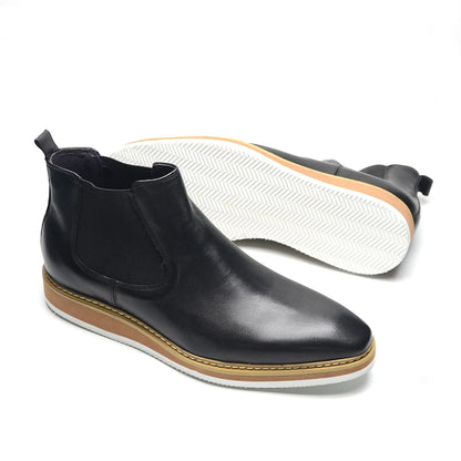 British Style Cow Genuine Leather Men's Chelsea Ankle Boots Slip-on Elastic Band High Top Sneakers Casual Dress Boot for Men