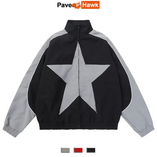 Unisex Vintage Star Pattern Harajuku Y2k Windbreaker Bomber Zipper Patchwork Outerwear Jacket (3 Colors)