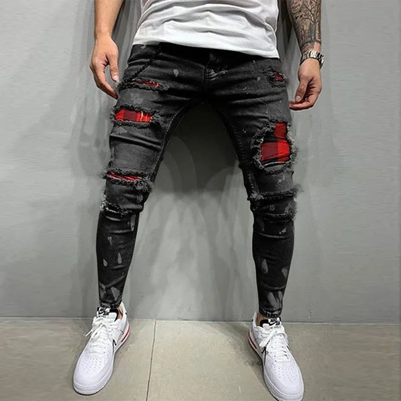 Men's Knee Hole Ripped Stretch Skinny Jeans: Black & Blue Denim, Slim Fit, Hip-Hop Style, S-4XL, Autumn & Summer Casual Trousers - Collection 1 - 10 Colors/Styles