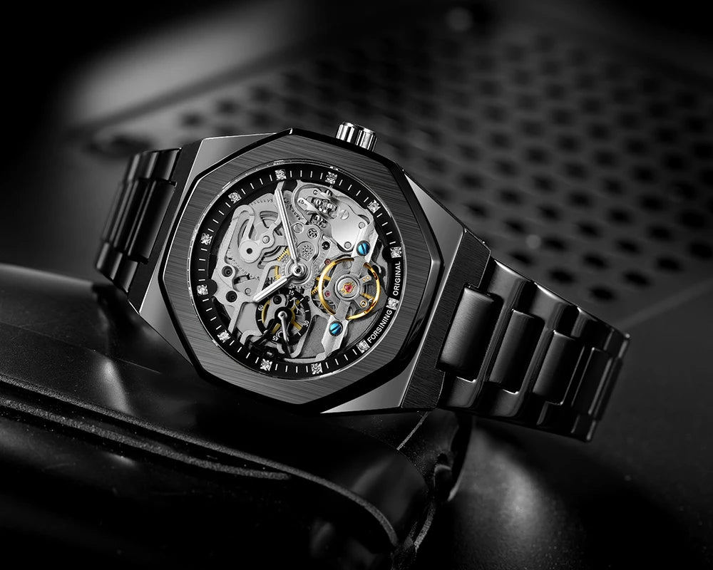 Forsining Casual Automatic Mechanical Watch for Men Luminous Hands Stainless Steel Strap Fashion Luxury Skeleton Mens Watches