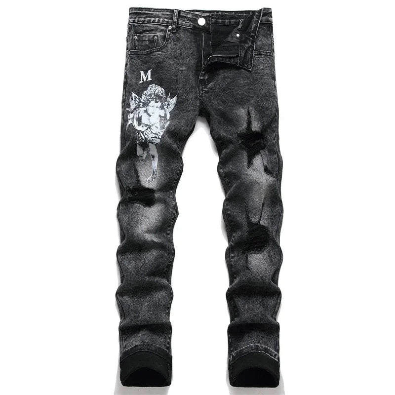 High Street Stretch Embroidery Men's Jeans: Ripped Streetwear, Punk Style, Slim Fit, Small Feet, Fashionable Denim Pants for Men - Collection 1 - 11 Colors/Styles