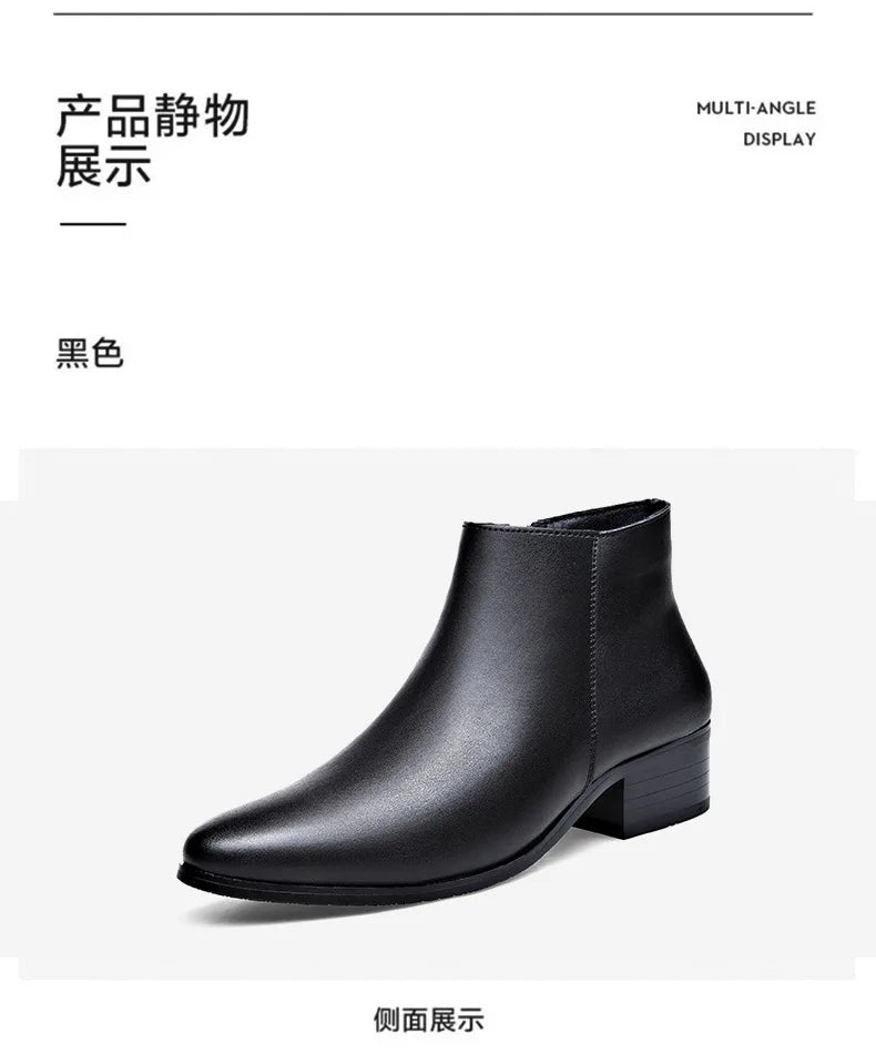 British Business Leather Boots for Men High Heels Pointed Toes and Fleece Chelsea Boots Male Fashion Casual Shoes Man