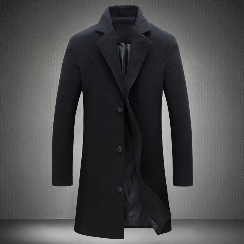 Men's Woolen Solid Color Single Breasted Lapel Long Overcoat (8 Colors)