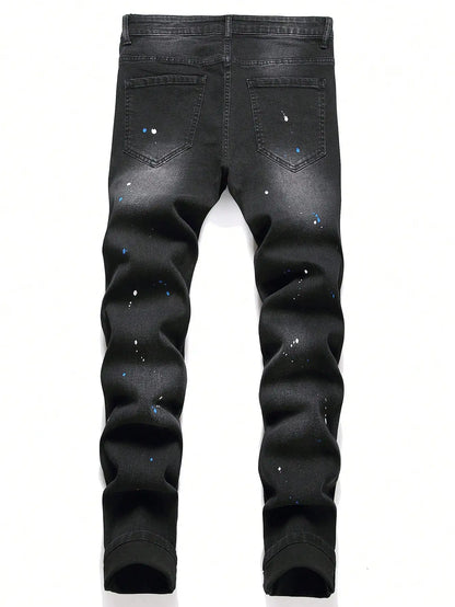 Men's Stretchy Ripped Skinny Biker Jeans: Embroidery Cartoon Print, Destroyed Holes, Slim Fit, High-Quality Hip Hop Black Denim