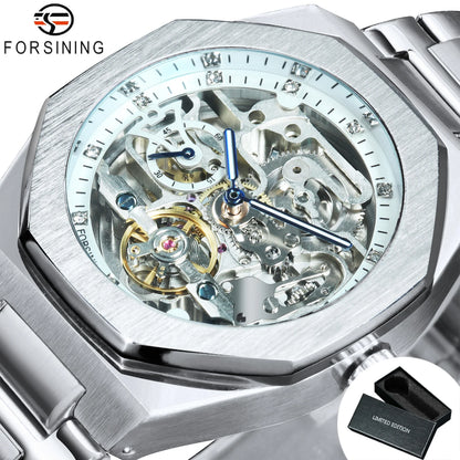 Forsining Casual Automatic Mechanical Watch for Men Luminous Hands Stainless Steel Strap Fashion Luxury Skeleton Mens Watches