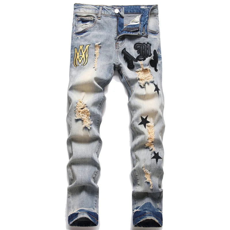 High Street Stretch Embroidery Men's Jeans: Ripped Streetwear, Punk Style, Slim Fit, Small Feet, Fashionable Denim Pants for Men - Collection 1 - 11 Colors/Styles