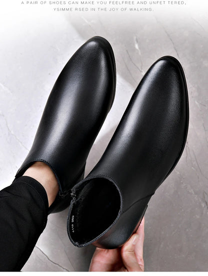 British Business Leather Boots for Men High Heels Pointed Toes and Fleece Chelsea Boots Male Fashion Casual Shoes Man