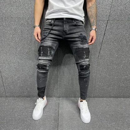 Men's Knee Hole Ripped Stretch Skinny Jeans: Black & Blue Denim, Slim Fit, Hip-Hop Style, S-4XL, Autumn & Summer Casual Trousers - Collection 1 - 10 Colors/Styles