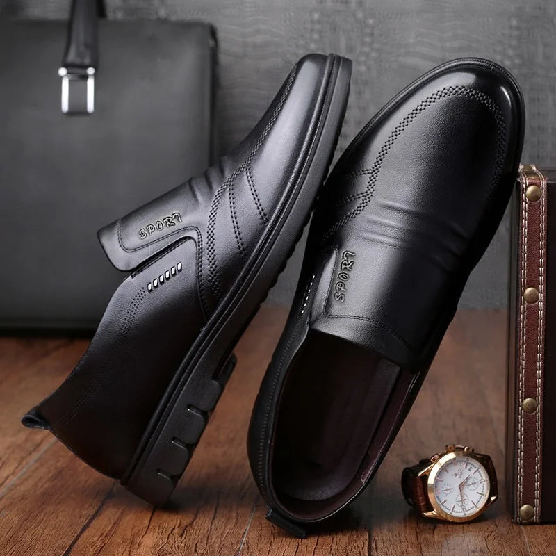 Men's Non-Slip Leather Slip-On Loafers: Black Driving Shoes - Dress Sneakers with Light Breathable Footwear, Available in 2 Colors