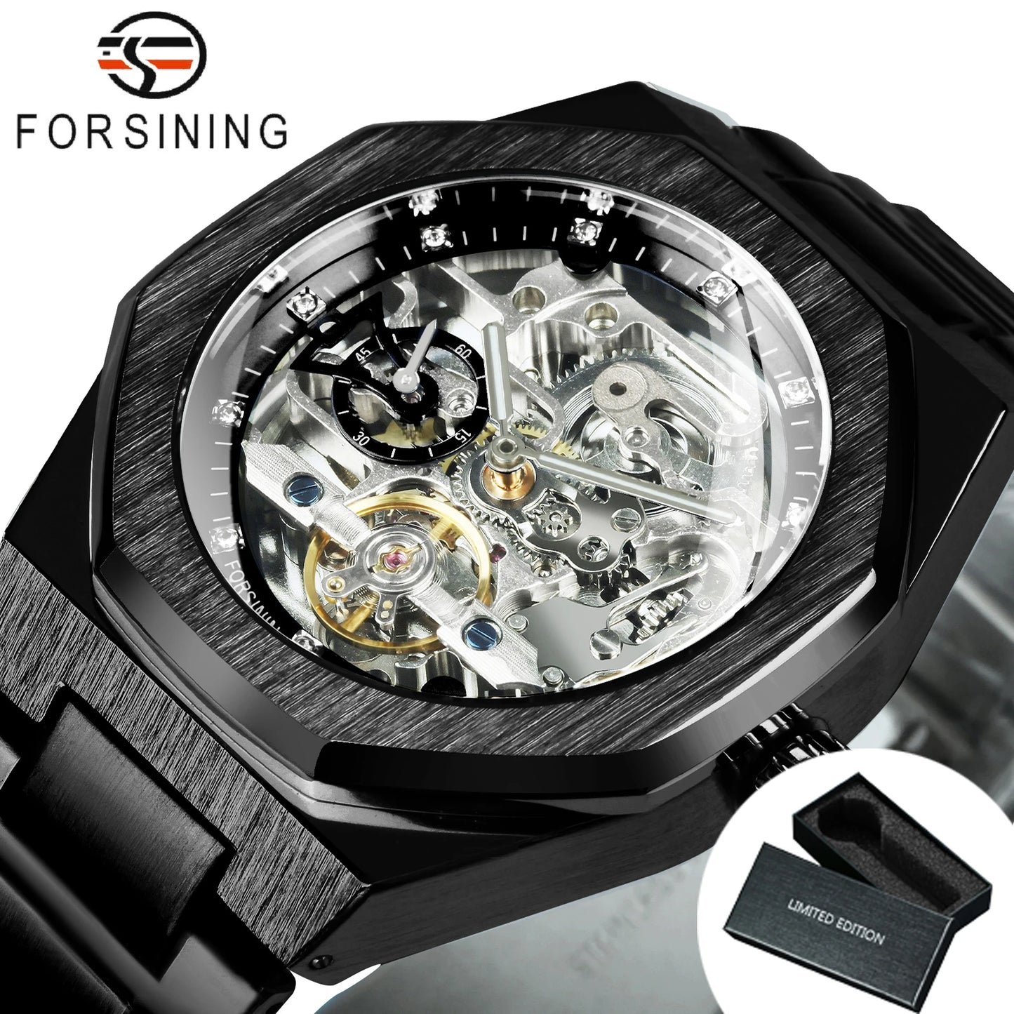 Forsining Casual Automatic Mechanical Watch for Men Luminous Hands Stainless Steel Strap Fashion Luxury Skeleton Mens Watches