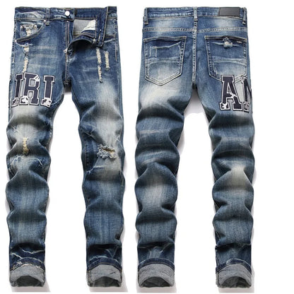 High Street Stretch Embroidery Men's Jeans: Ripped Streetwear, Punk Style, Slim Fit, Small Feet, Fashionable Denim Pants for Men - Collection 2 - 11 Colors/Styles