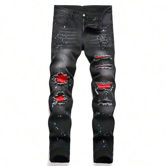 Men's Stretchy Ripped Skinny Biker Jeans: Embroidery Cartoon Print, Destroyed Holes, Slim Fit, High-Quality Hip Hop Black Denim