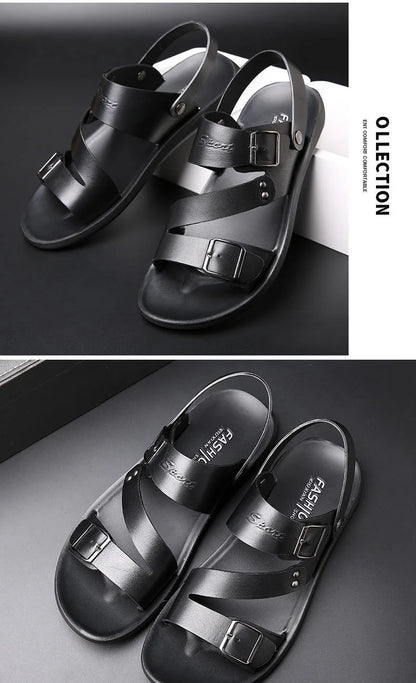 Simple Men's Sandals Solid Color PU Leather Men's Summer Shoes Casual Comfortable Open Toe Sandals Soft Beach Shoes Men's Sandal