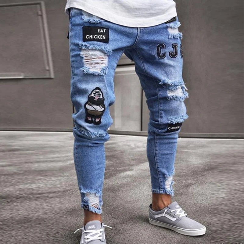 Men's Knee Hole Ripped Stretch Skinny Jeans: Black & Blue Denim, Slim Fit, Hip-Hop Style, S-4XL, Autumn & Summer Casual Trousers - Collection 2 - 9 Colors/Styles