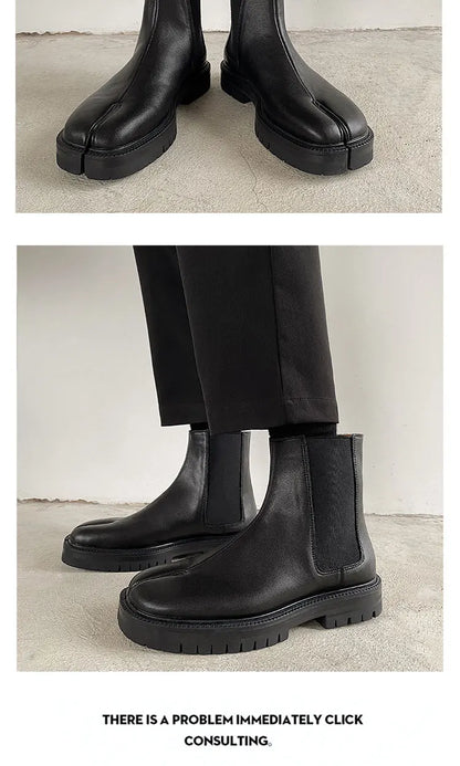 Split toe shoes for men's Chelsea boots square toe high top leather boots horseshoe shoes thick heels for women's thick soled sh