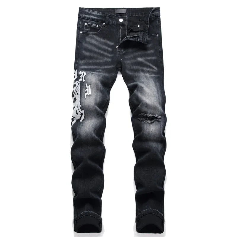 High Street Stretch Embroidery Men's Jeans: Ripped Streetwear, Punk Style, Slim Fit, Small Feet, Fashionable Denim Pants for Men - Collection 2 - 11 Colors/Styles