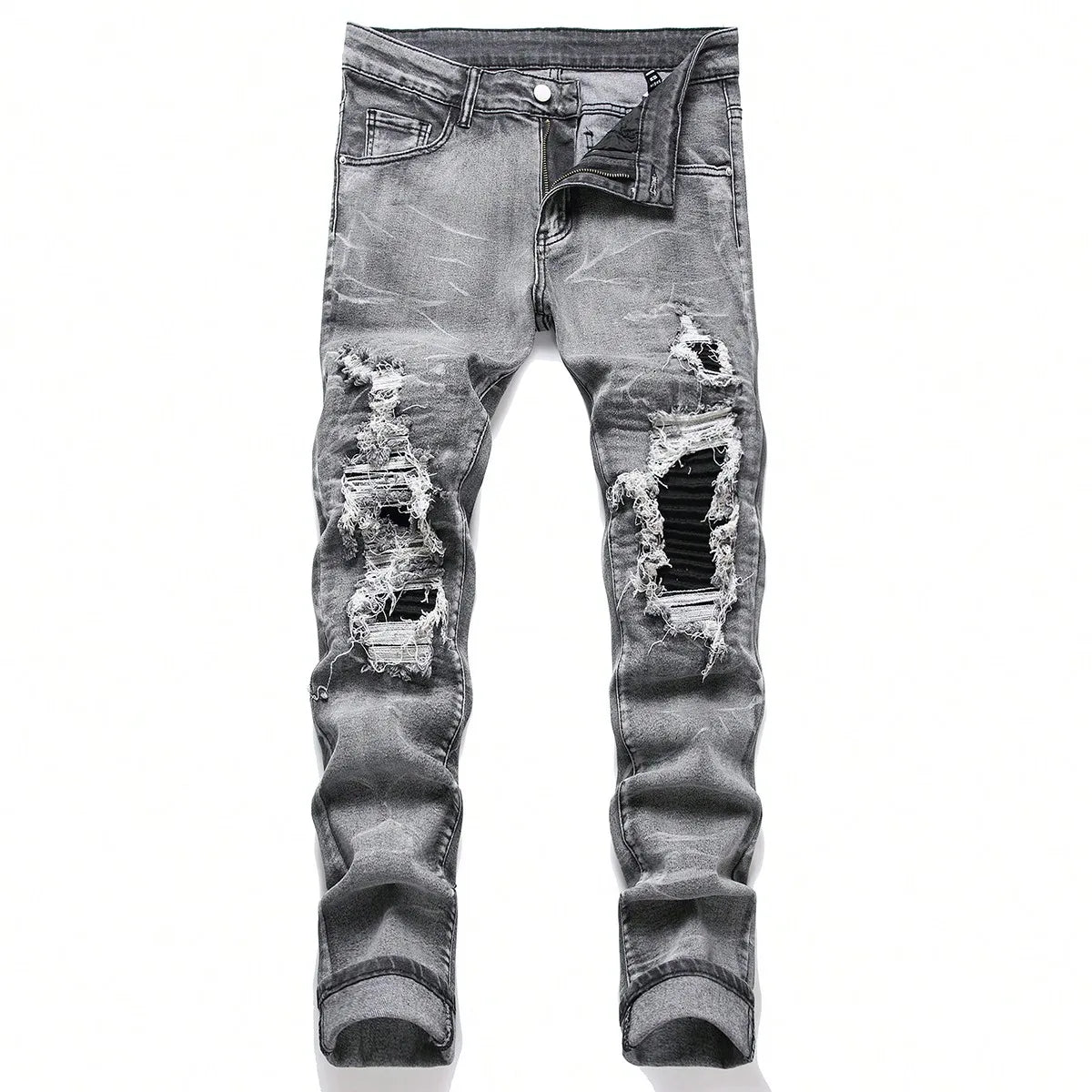 Men's Stretchy Denim Jeans: Streetwear Tearing Patchwork, Ripped Holes, Elastic Waist, Slim Fit, Straight Casual Pants - 2 Colors