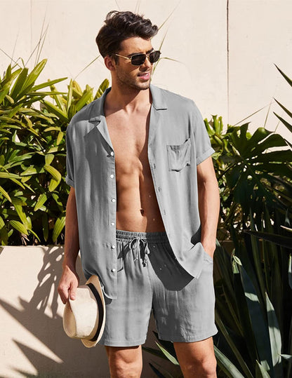Men's Cotton Linen Casual Outdoor Breathable Beach Short Sleeve 2-Piece Suit Set (5 Colors)