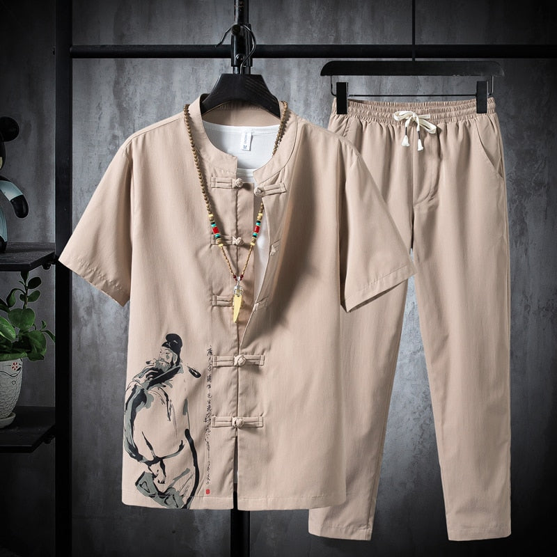 Men's Cotton and linen casual Two Piece (Shirt + trousers) Dress Set (4 Colors)