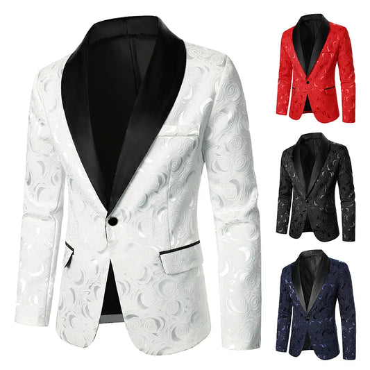 Men's Suit Coat: Rose Pattern Bright Jacquard Fabric with Contrast Color Collar - Luxury Design for Party, Causal Fashion Slim Fit Men's Blazer, Available in 4 Colors
