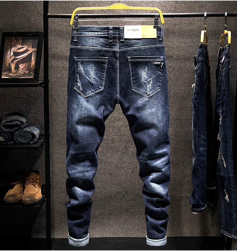 New Ripped Jeans for Men: Slim-Fit Denim Pants, Cotton, Korean Style, Elasticity, Versatile Blue & Black Men's Fashion