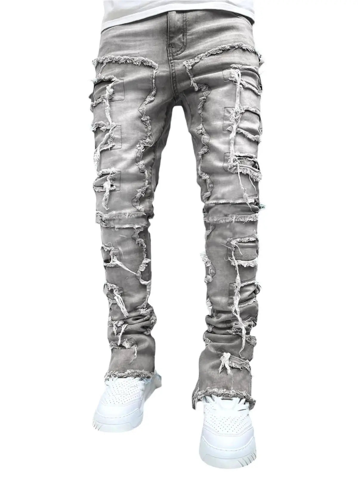 Men's Regular Fit Stacked Jeans: Ripped Slim Fit, Patch Distressed, Destroyed Straight Denim Pants, Hip Hop Streetwear Trousers - 10 Colors/Styles