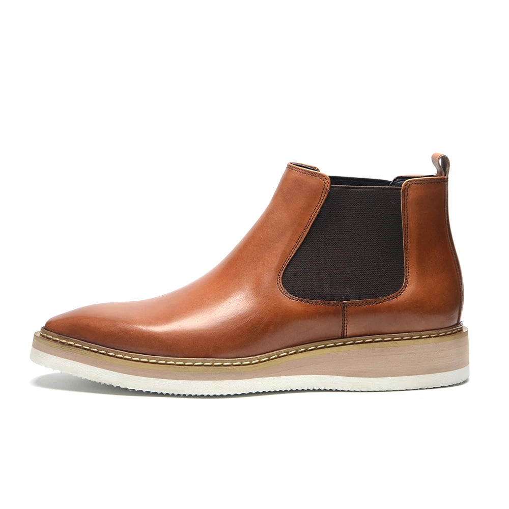 British Style Cow Genuine Leather Men's Chelsea Ankle Boots Slip-on Elastic Band High Top Sneakers Casual Dress Boot for Men