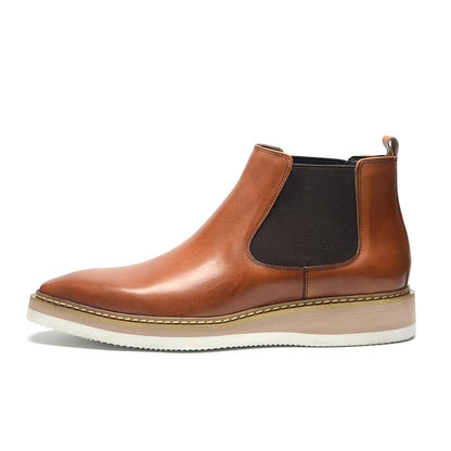 British Style Cow Genuine Leather Men's Chelsea Ankle Boots Slip-on Elastic Band High Top Sneakers Casual Dress Boot for Men
