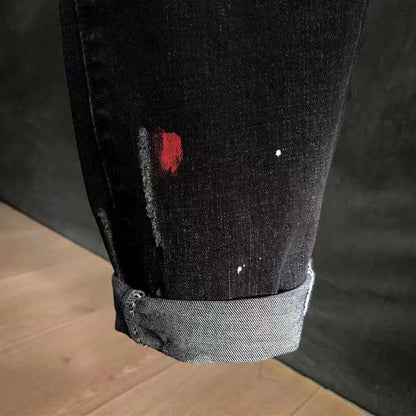 Men's Korean Style Ripped Hole Black Denim Jeans: Luxury Slim Fit Cowboy Ink Dotting Pants for Hip Hop Workwear