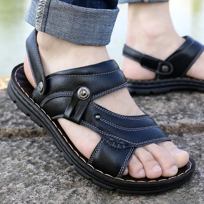 Men's Summer Genuine Leather Sandals Slippers Men Slippers Adult Thick-soled Beach Shoes Non-slip Leather Sandal Zapatos Hombre