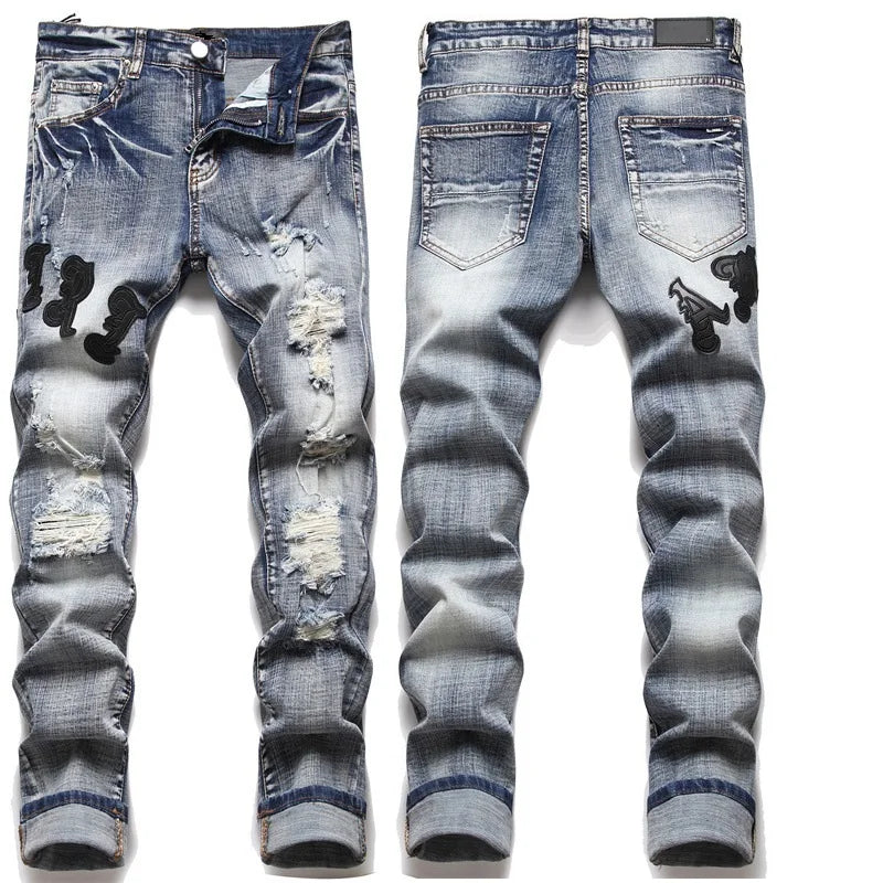 High Street Stretch Embroidery Men's Jeans: Ripped Streetwear, Punk Style, Slim Fit, Small Feet, Fashionable Denim Pants for Men - Collection 1 - 11 Colors/Styles