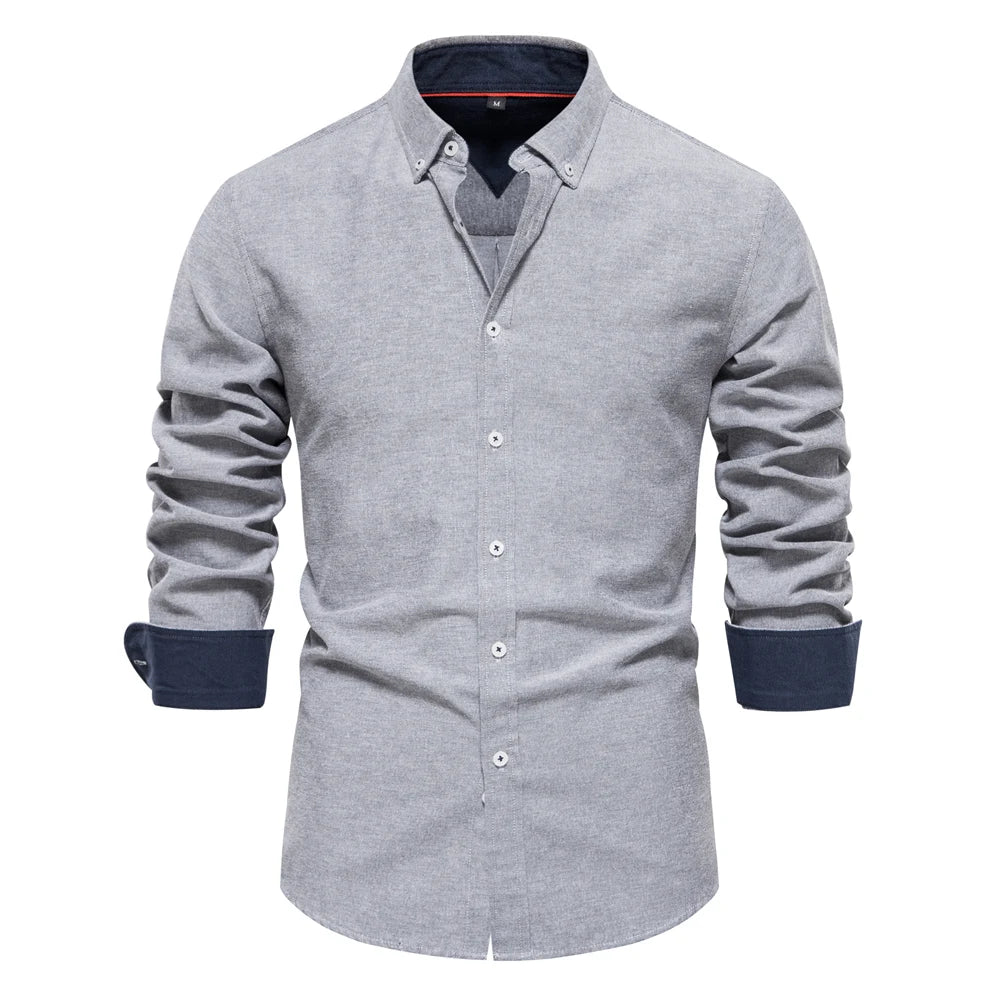 New Spring Cotton Blend Men's Oxford Shirt: Long Sleeve Button-Down Social & Business Casual Shirt for Men - 7 Colors