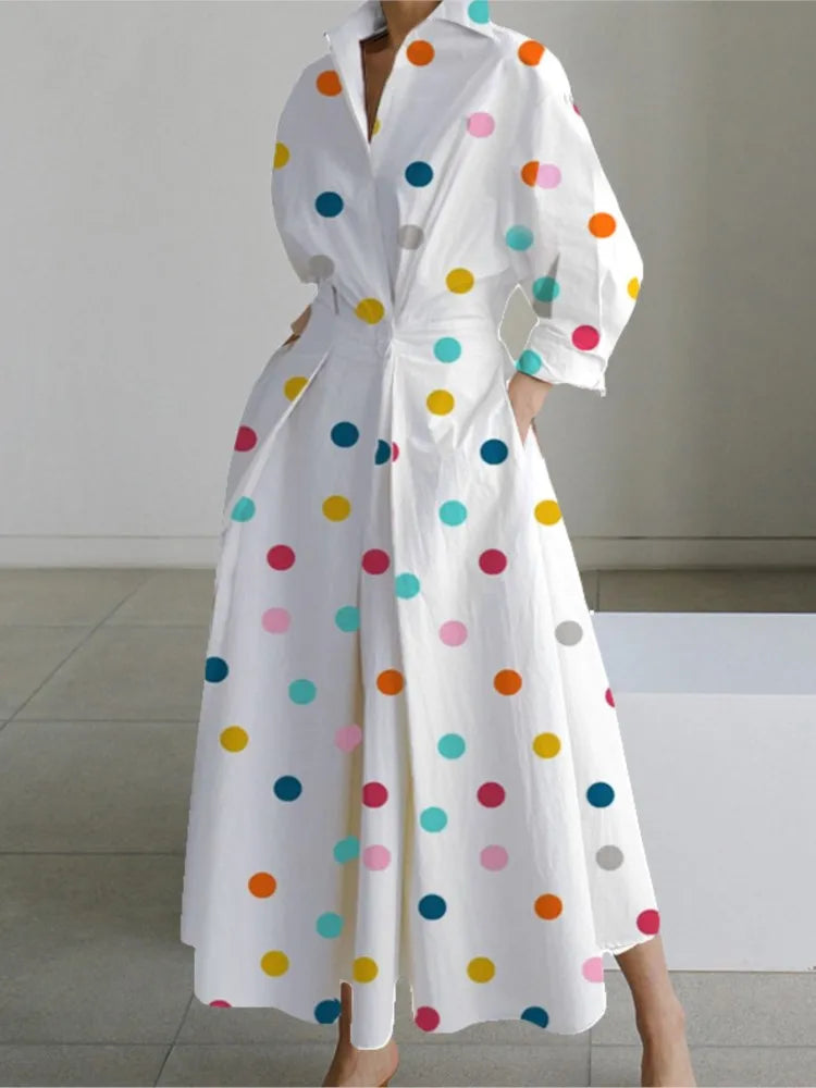 Elegant Autumn Maxi: Long Sleeve Dot Print V-Neck Dress for Women - White Casual Chic