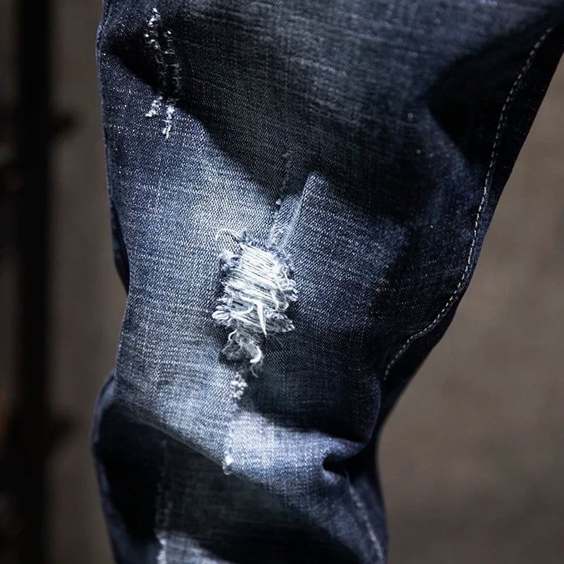 New Ripped Jeans for Men: Slim-Fit Denim Pants, Cotton, Korean Style, Elasticity, Versatile Blue & Black Men's Fashion