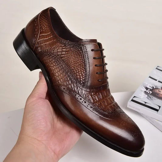 Men's Casual Brock Oxford Shoes: Retro Crocodile Leather Formal Footwear for Spring and Autumn - Available in 2 Colors