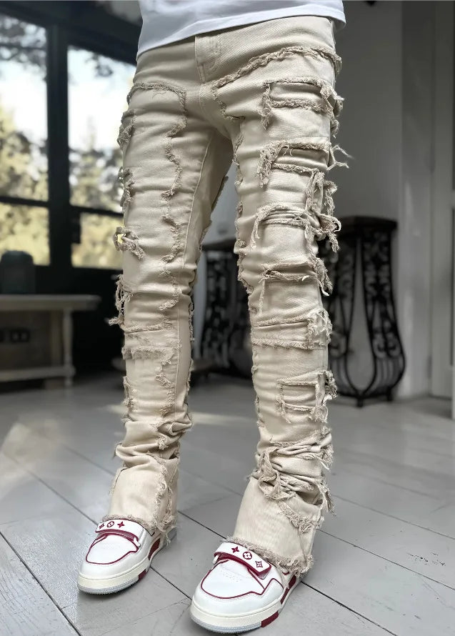 Men's Regular Fit Stacked Jeans: Ripped Slim Fit, Patch Distressed, Destroyed Straight Denim Pants, Hip Hop Streetwear Trousers - 10 Colors/Styles