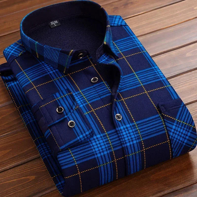 Men's Flannel Plaid Shirt: Winter Warm Fur-Lined Long Sleeve Fleece Casual Formal Dress Shirt - 15 styles