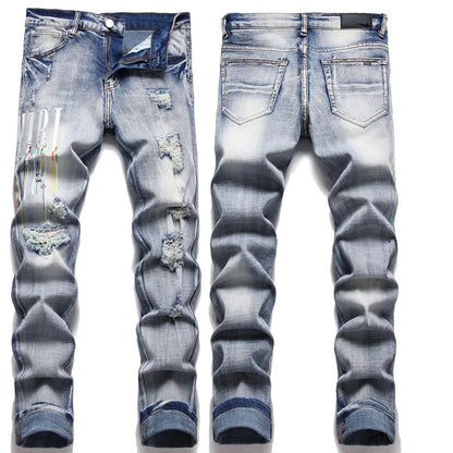 High Street Stretch Embroidery Men's Jeans: Ripped Streetwear, Punk Style, Slim Fit, Small Feet, Fashionable Denim Pants for Men - Collection 1 - 11 Colors/Styles