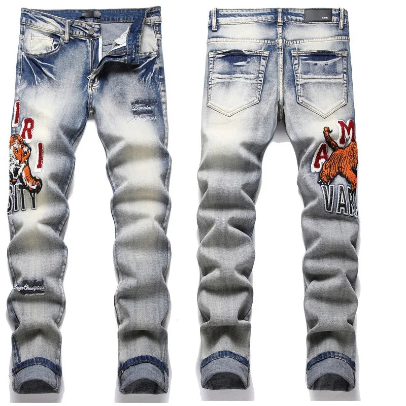 High Street Stretch Embroidery Men's Jeans: Ripped Streetwear, Punk Style, Slim Fit, Small Feet, Fashionable Denim Pants for Men - Collection 1 - 11 Colors/Styles