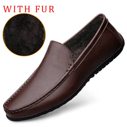 Genuine Leather Loafers Men Design Moccasin Fashion Slip On Soft Flat Casual Men Shoes Adult Male Footwear Handmade Boat Shoes with Fur Inside