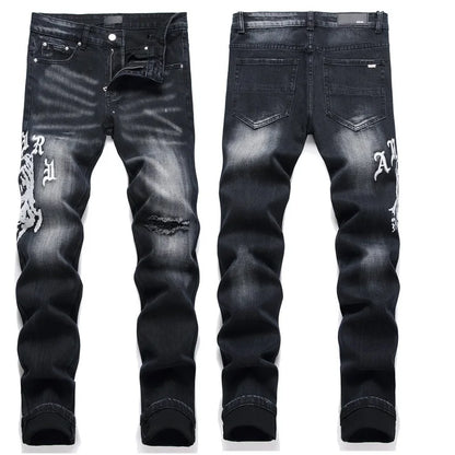 High Street Stretch Embroidery Men's Jeans: Ripped Streetwear, Punk Style, Slim Fit, Small Feet, Fashionable Denim Pants for Men - Collection 2 - 11 Colors/Styles