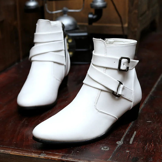 Luxury Leather Chelsea Boots Men Designer White Dress Boots Men Casual High top Buckle Strap Formal Shoes Men Motorcycle Boots