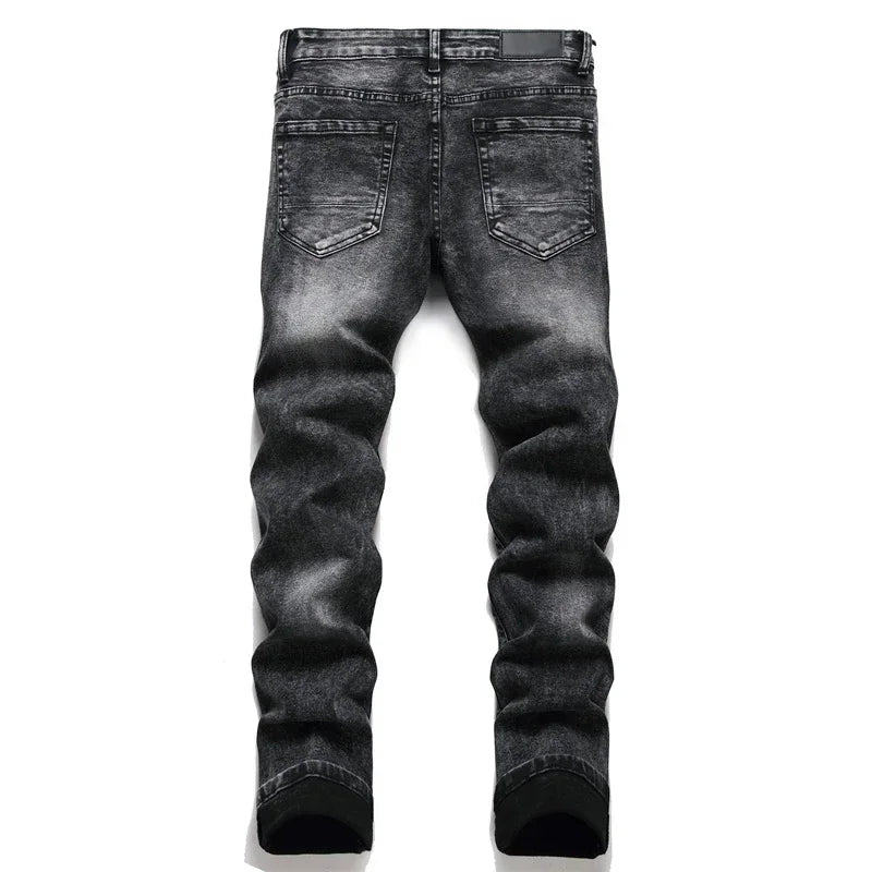 High Street Stretch Embroidery Men's Jeans: Ripped Streetwear, Punk Style, Slim Fit, Small Feet, Fashionable Denim Pants for Men - Collection 2 - 11 Colors/Styles