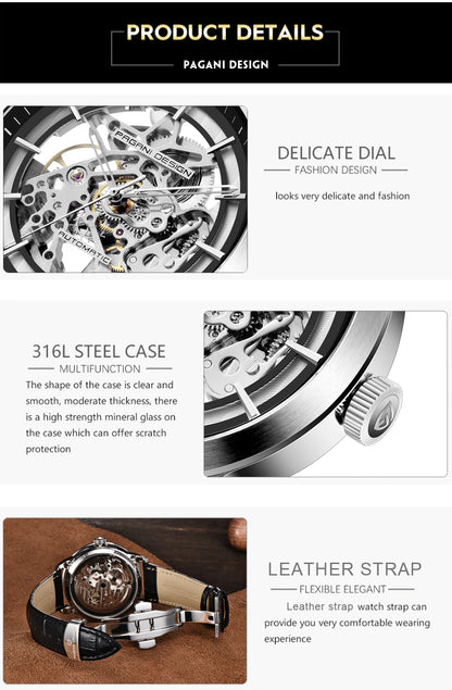 2024 PAGANI DESIGN New Men Luxury Automatic Mechanical Watch Stainless Steel Waterproof Sports Leather Watch Relogio Masculino