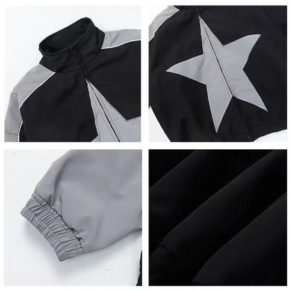 Unisex Vintage Star Pattern Harajuku Y2k Windbreaker Bomber Zipper Patchwork Outerwear Jacket (3 Colors)