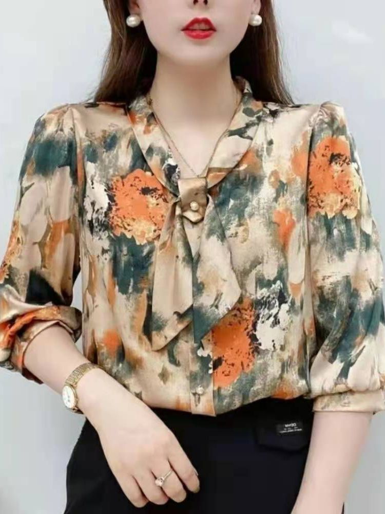 Women's Casual Half Sleeve Bow Tie Collar Printed Chiffon Blouses (2 Colors)