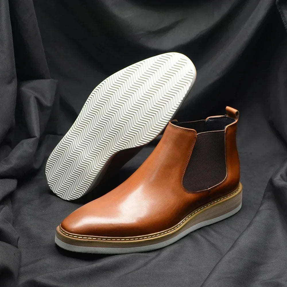British Style Cow Genuine Leather Men's Chelsea Ankle Boots Slip-on Elastic Band High Top Sneakers Casual Dress Boot for Men