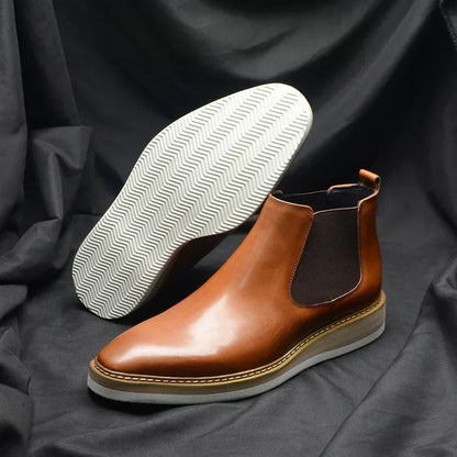 British Style Cow Genuine Leather Men's Chelsea Ankle Boots Slip-on Elastic Band High Top Sneakers Casual Dress Boot for Men