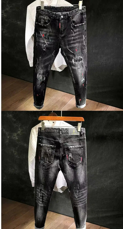 Men's Korean Style Ripped Hole Black Denim Jeans: Luxury Slim Fit Cowboy Ink Dotting Pants for Hip Hop Workwear