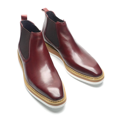 British Style Cow Genuine Leather Men's Chelsea Ankle Boots Slip-on Elastic Band High Top Sneakers Casual Dress Boot for Men